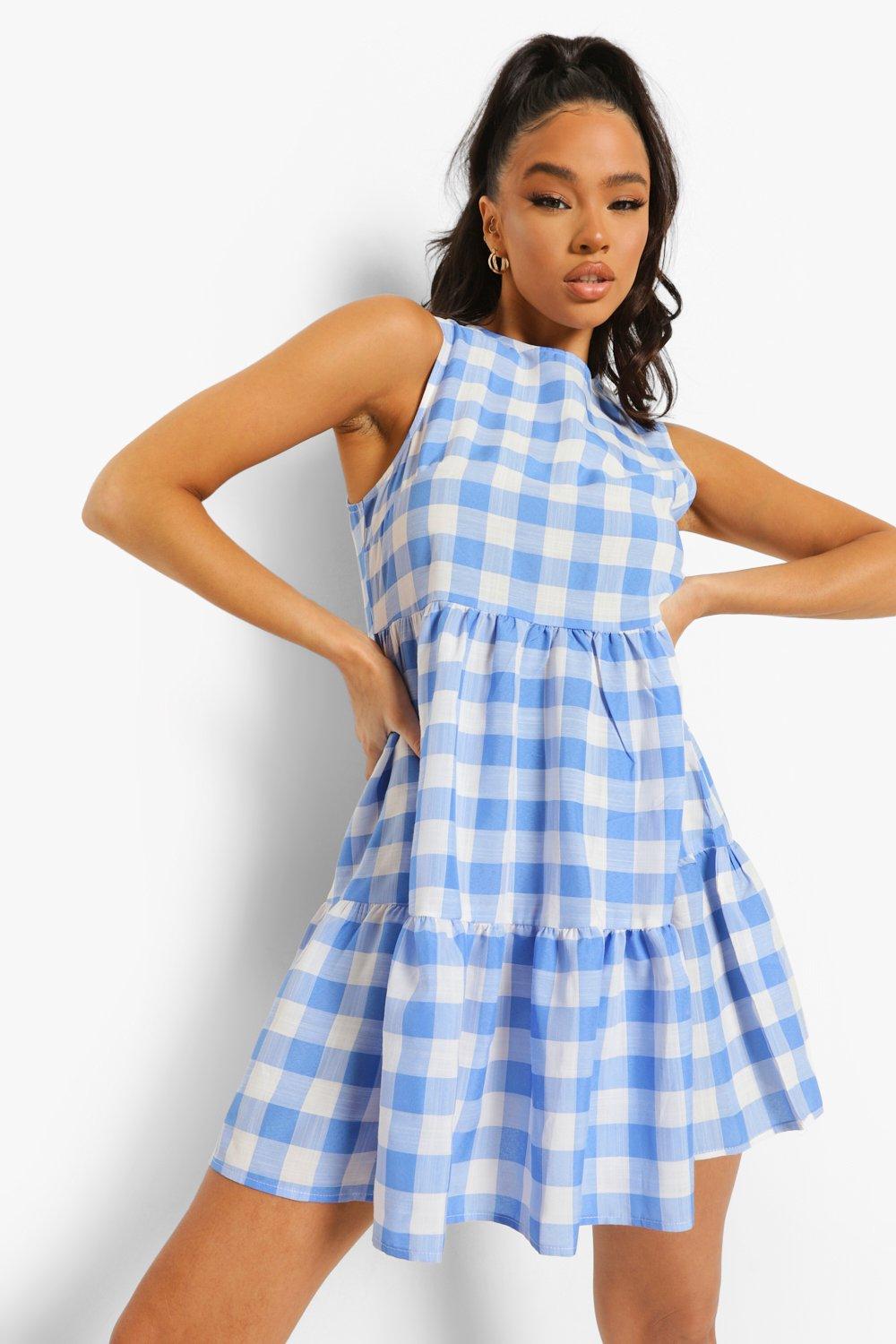 blue and white gingham dress